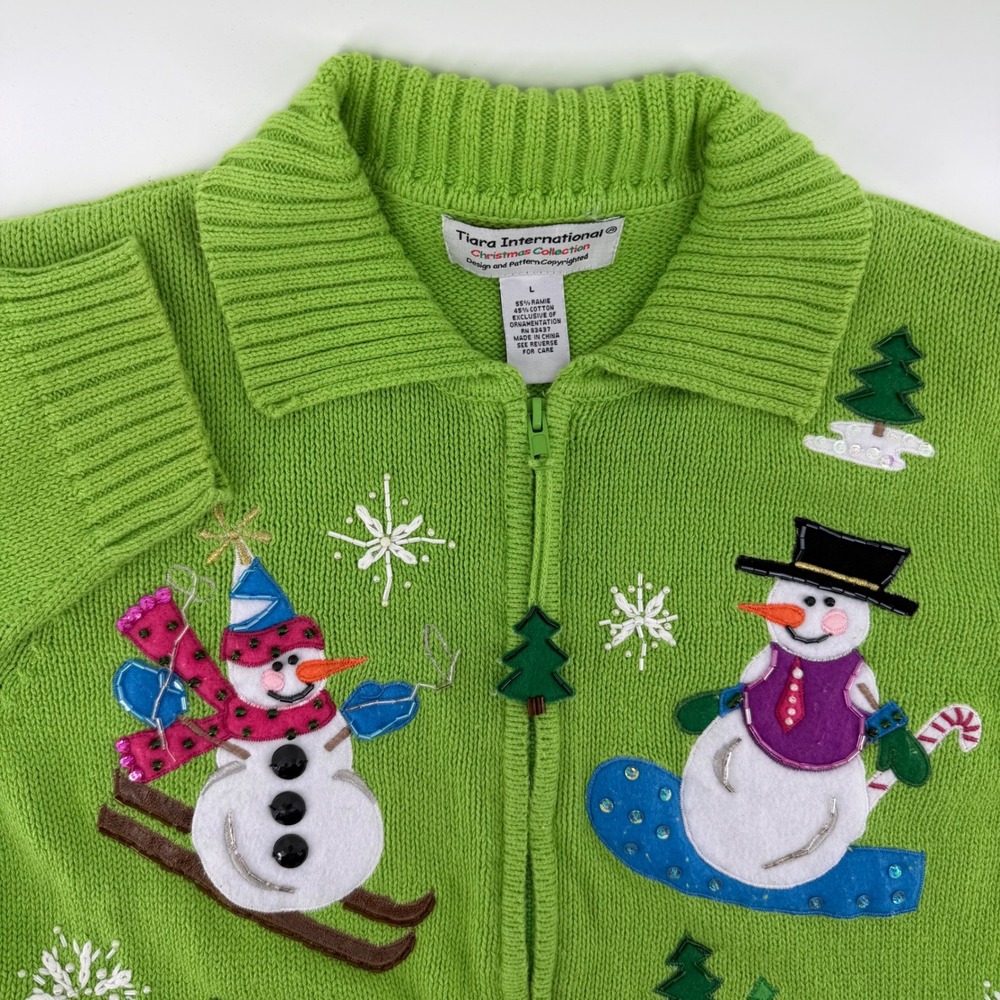 Ugly‎ Christmas Sweater Green Snowman Skiing Zip Up Cardigan Size L